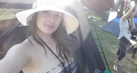 Excellent babe Danielle Delaunay bares big hooters and sexy ass outdoor